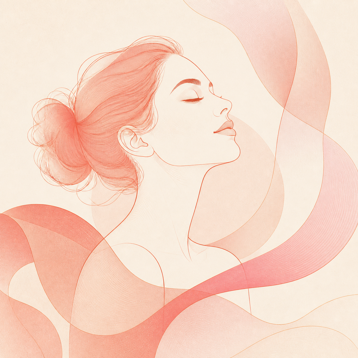 An illustrated adult portrait with flowing lines suggesting calm and connection