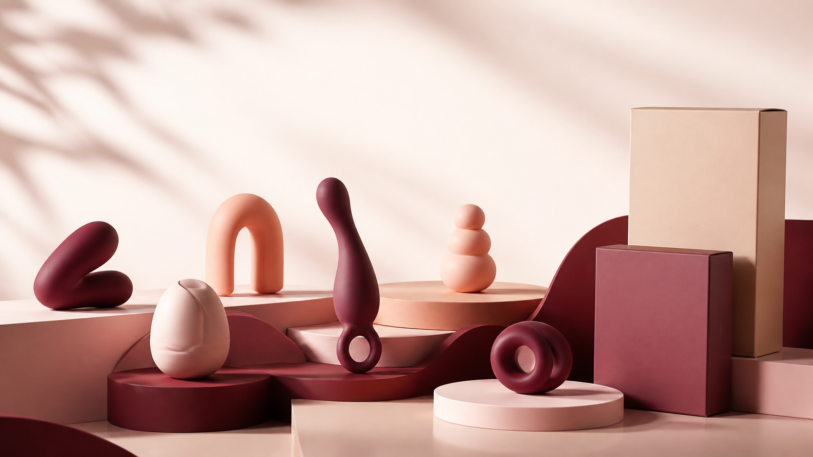 A sculptural arrangement of colorful intimate wellness objects